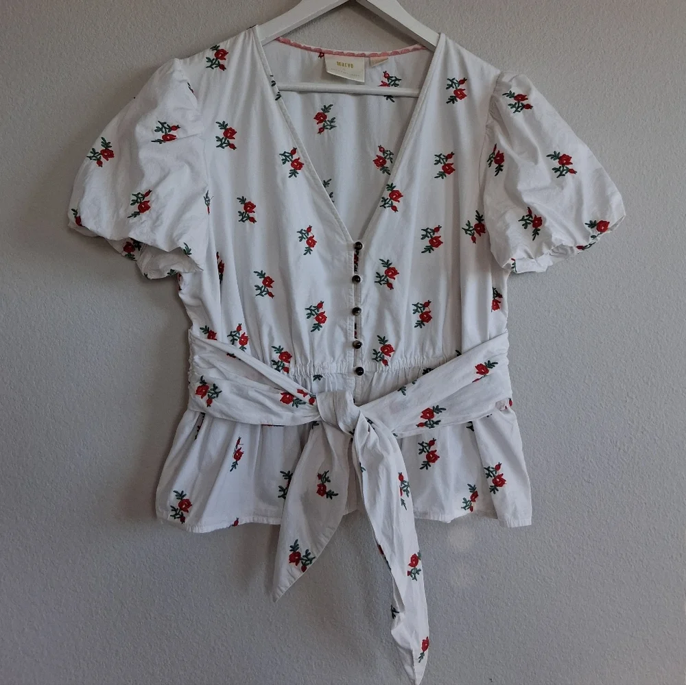 Anthtopologie Maeve Rosalie Embroidered Blouse White Poplin Cotton